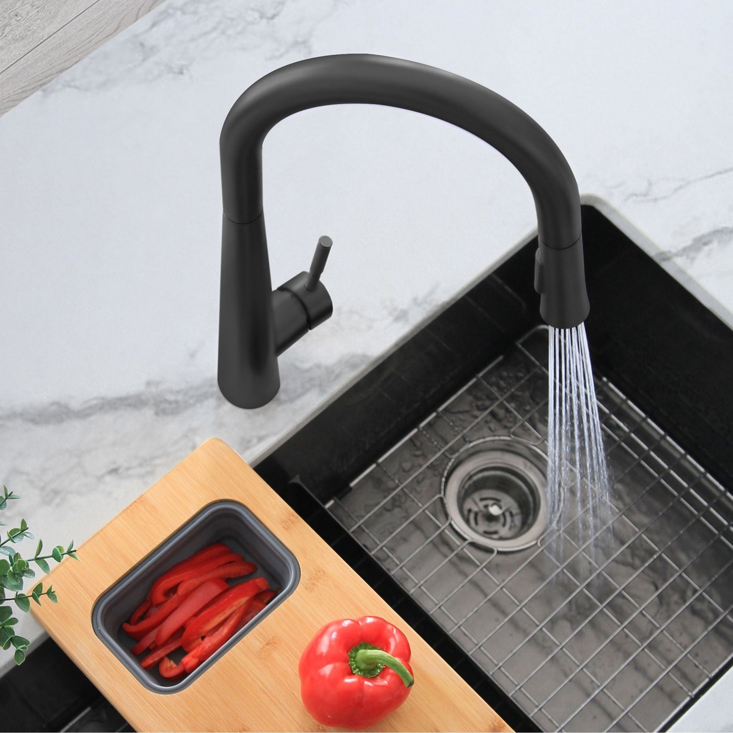 Stylish Siena 17" Kitchen Faucet Single Handle Pull Down Dual Mode Stainless Steel in Matte Black Finish K-135N