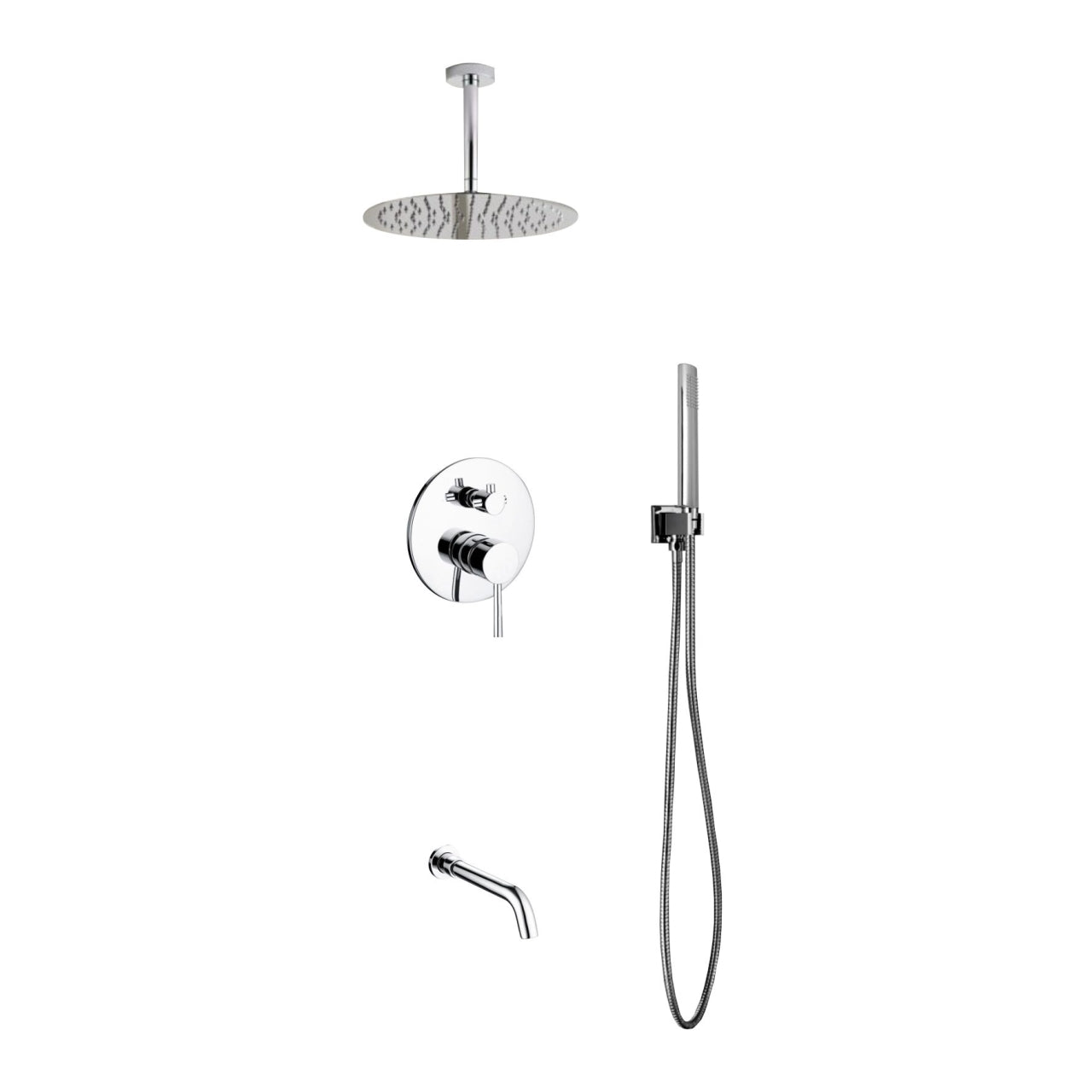 Kube Bath Aqua Rondo Shower Set With Ceiling Mount 12" Rain Shower, Handheld and Tub Filler Chrome
