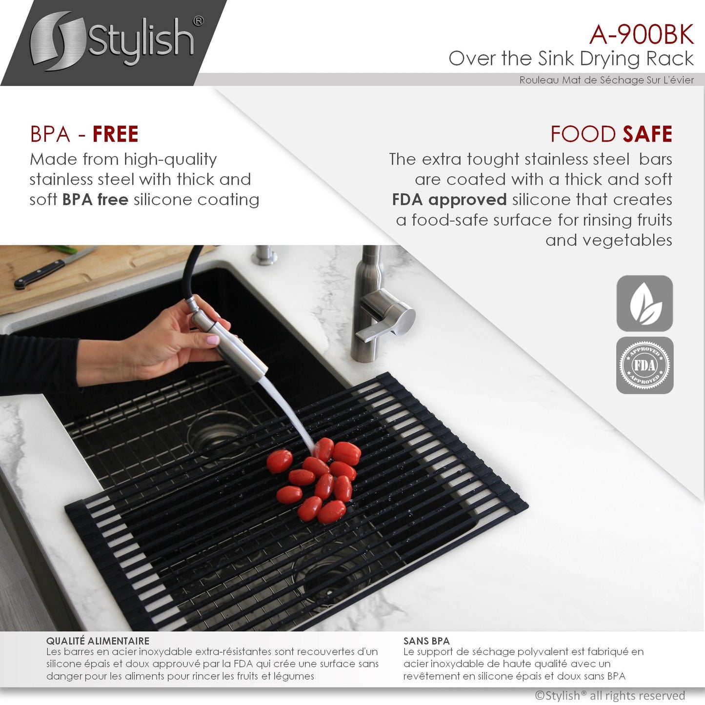 Stylish 20" Over the Sink Roll-up Drying Rack Black A-900BK