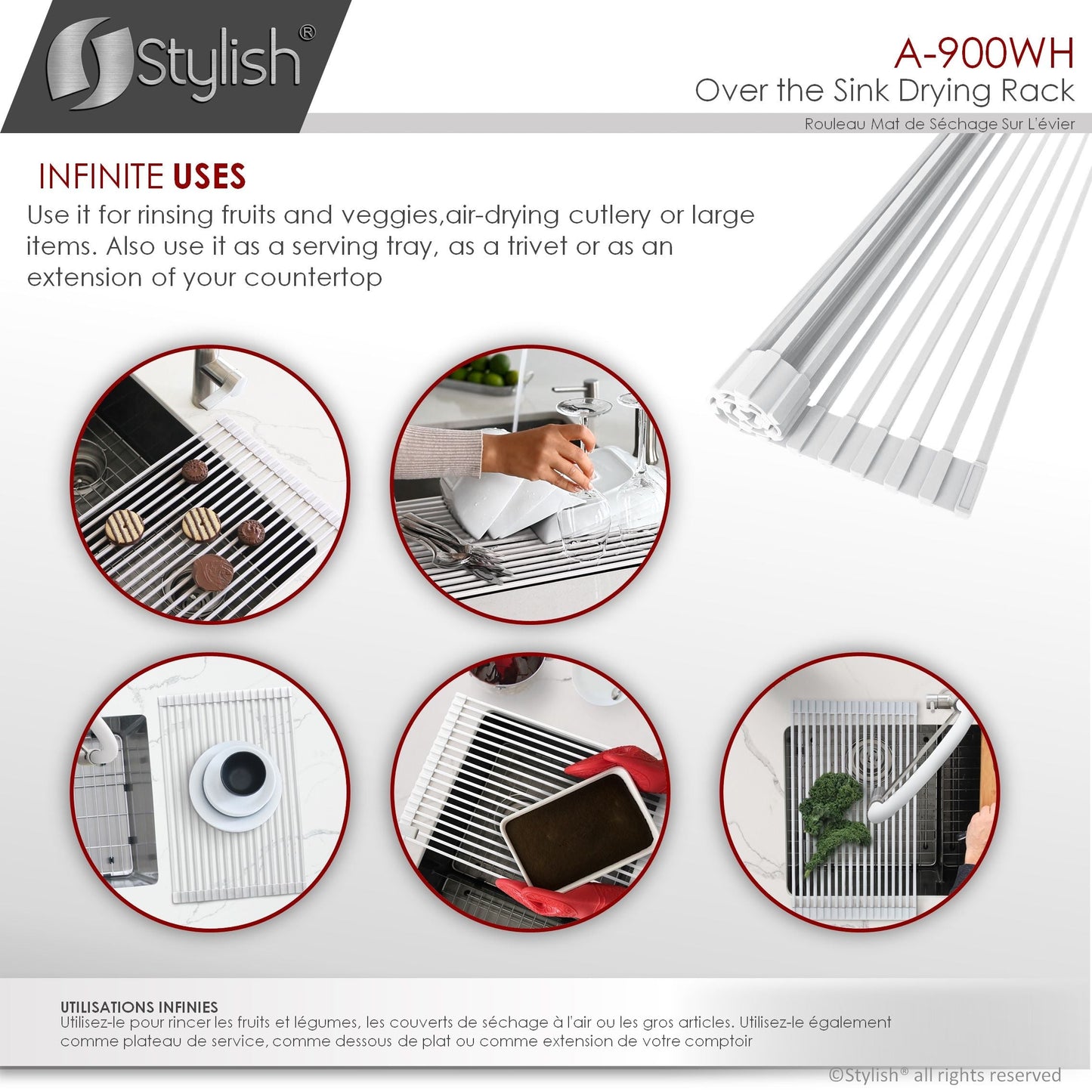 Stylish 20" Over the Sink Roll-up Drying Rack White A-900WH
