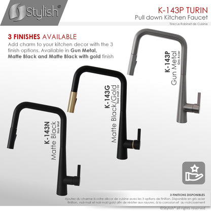Stylish Turin 17" Kitchen Faucet Single Handle Pull Down Dual Mode Lead Free Gun Metal K-143P