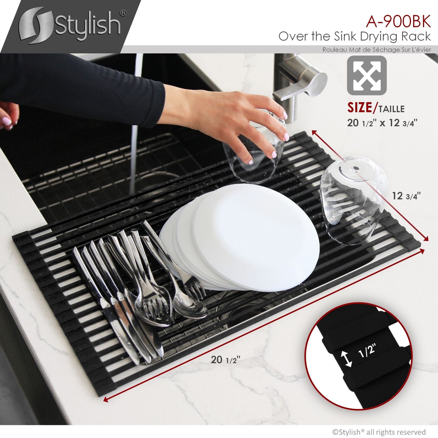Stylish 20" Over the Sink Roll-up Drying Rack Black A-900BK