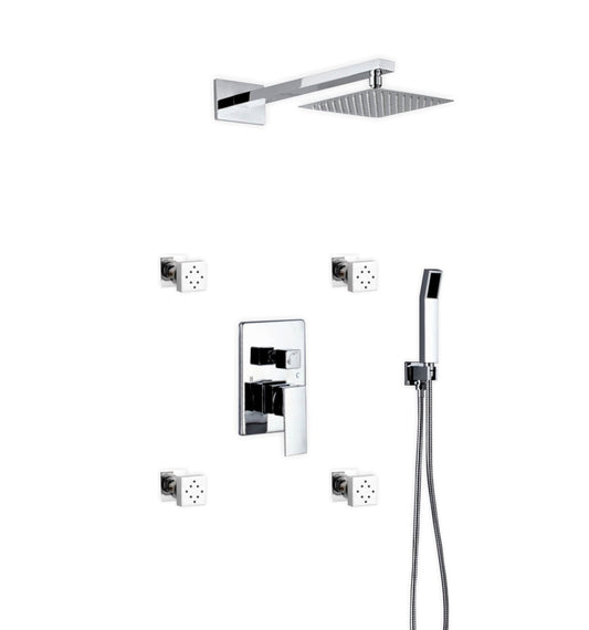 Kube Bath Aqua Piazza Shower Set With 8" Square Rain Shower, 4 Body Jets and Handheld Chrome