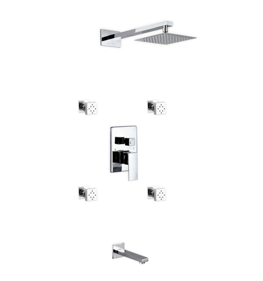 Kube Bath Aqua Piazza Brass Shower Set With 8" Square Rain Shower, 4 Body Jets and Tub Filler Chrome