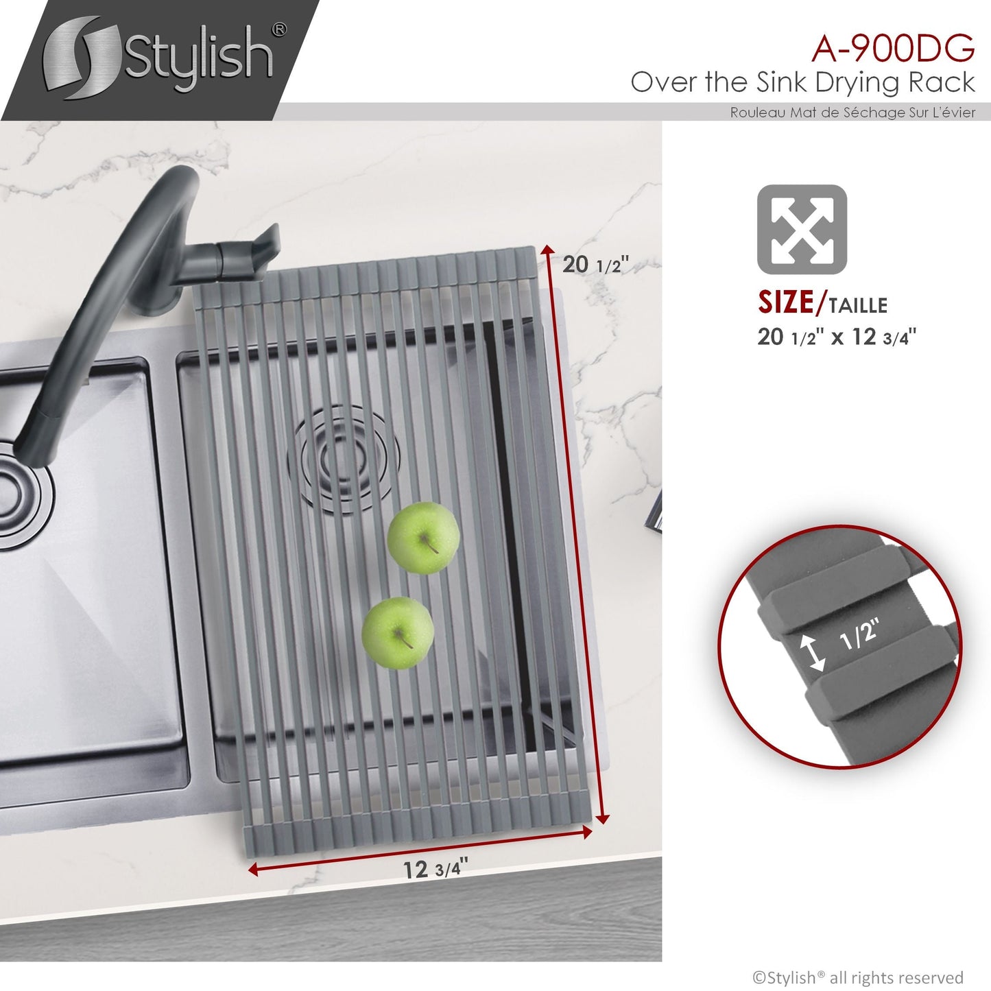 Stylish 20" Over the Sink Roll-up Drying Rack Dark Gray A-900DG