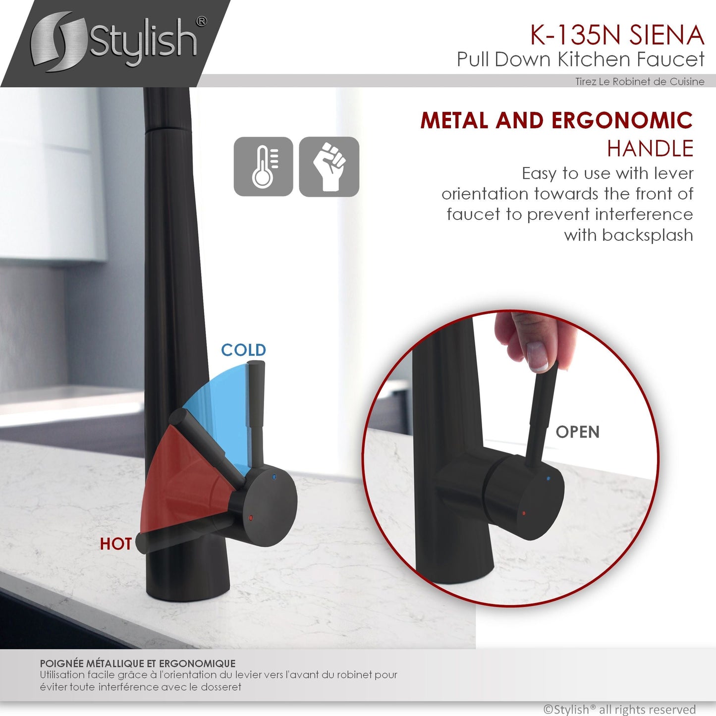 Stylish Siena 17" Kitchen Faucet Single Handle Pull Down Dual Mode Stainless Steel in Matte Black Finish K-135N