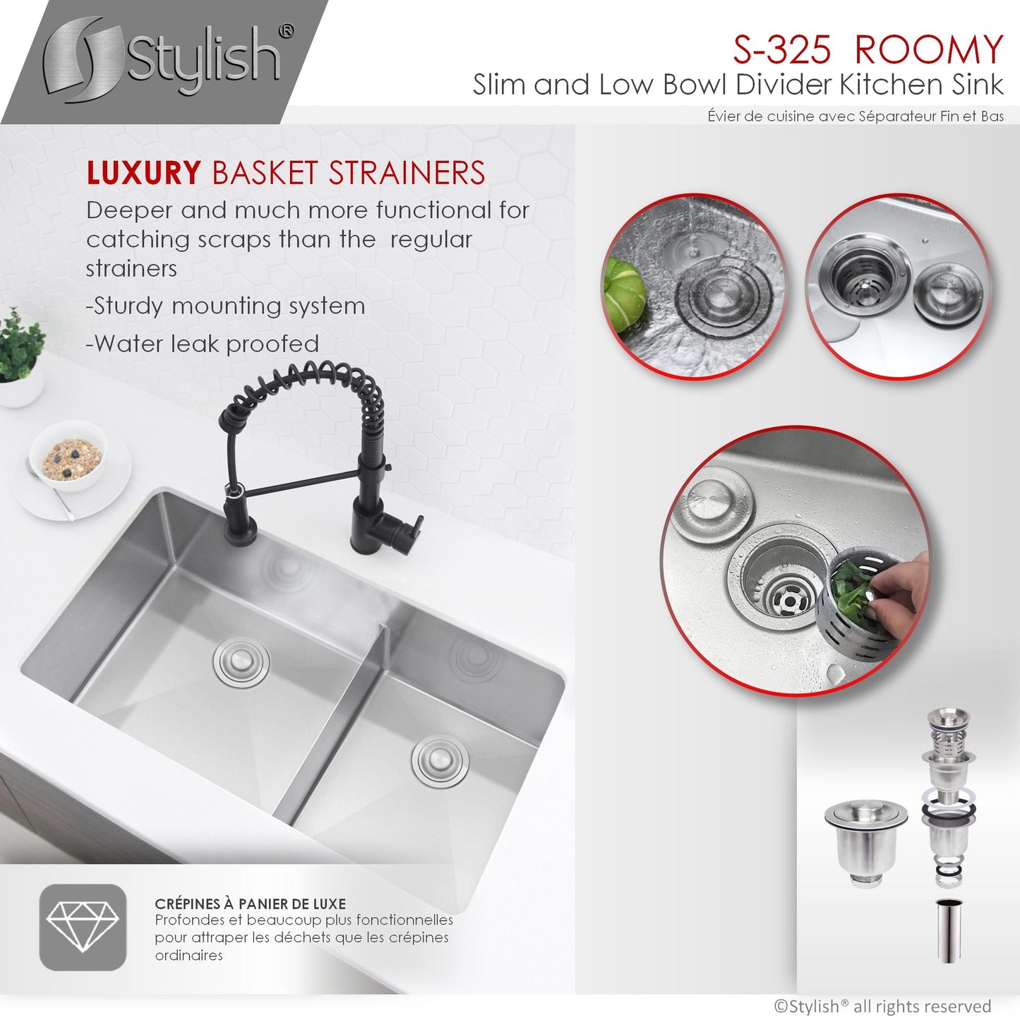Stylish Roomy 32" x 18" Low Divider 60-40 Double Bowl Undermount Stainless Steel Kitchen Sink S-325XG