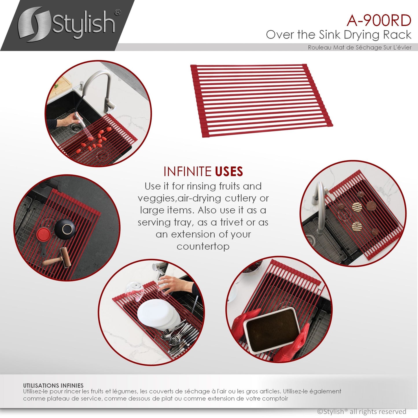 Stylish 20" Over the Sink Roll-up Drying Rack Red A-900RD