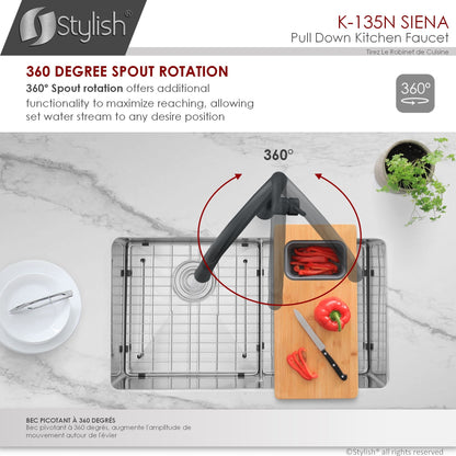 Stylish Siena 17" Kitchen Faucet Single Handle Pull Down Dual Mode Stainless Steel in Matte Black Finish K-135N