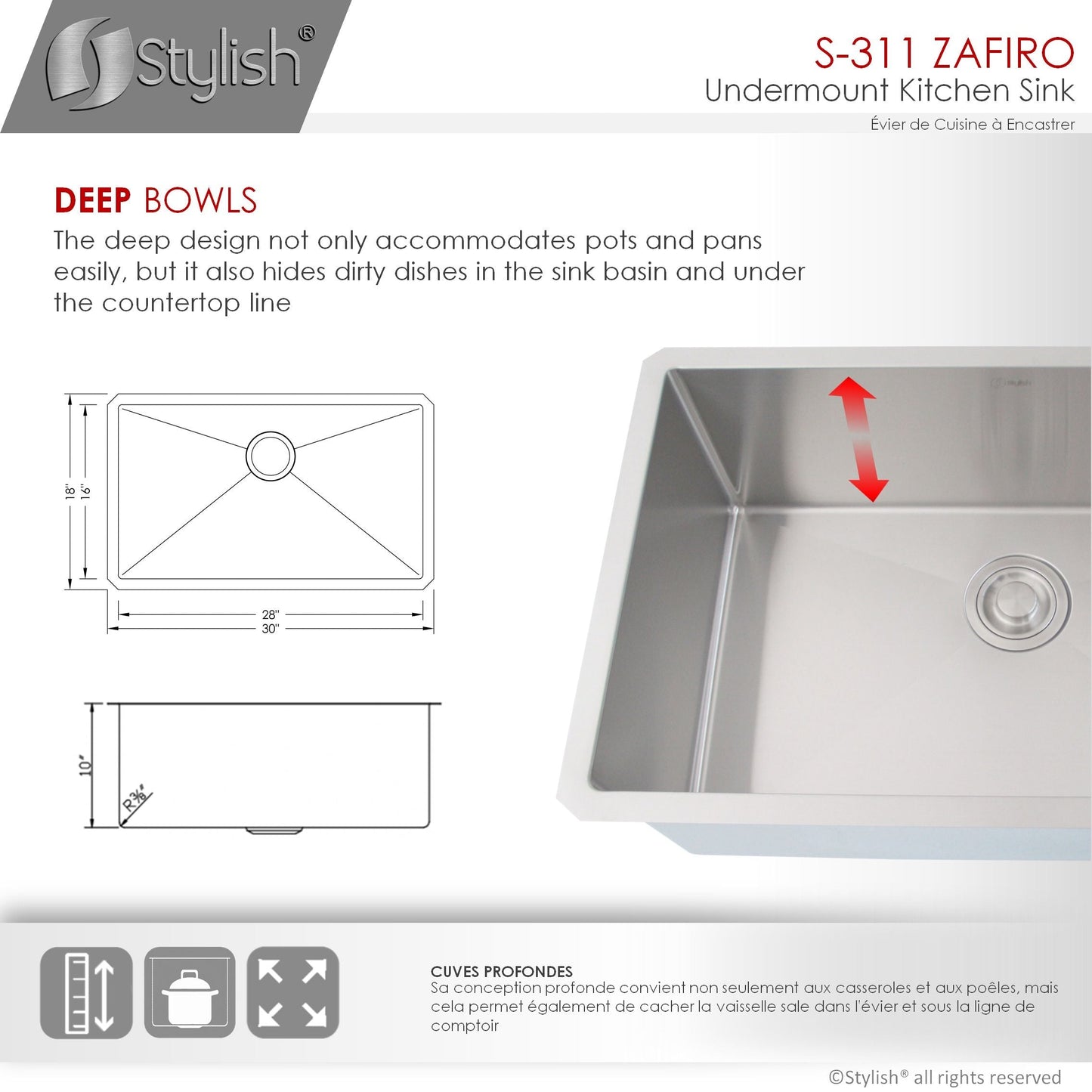 Stylish Zafiro 30" x 18" Single Bowl Undermount Stainless Steel Kitchen Sink S-311XG