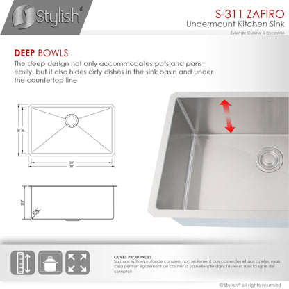 Stylish Zafiro 30" x 18" Single Bowl Undermount Stainless Steel Kitchen Sink S-311XG