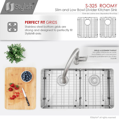Stylish Roomy 32" x 18" Low Divider 60-40 Double Bowl Undermount Stainless Steel Kitchen Sink S-325XG