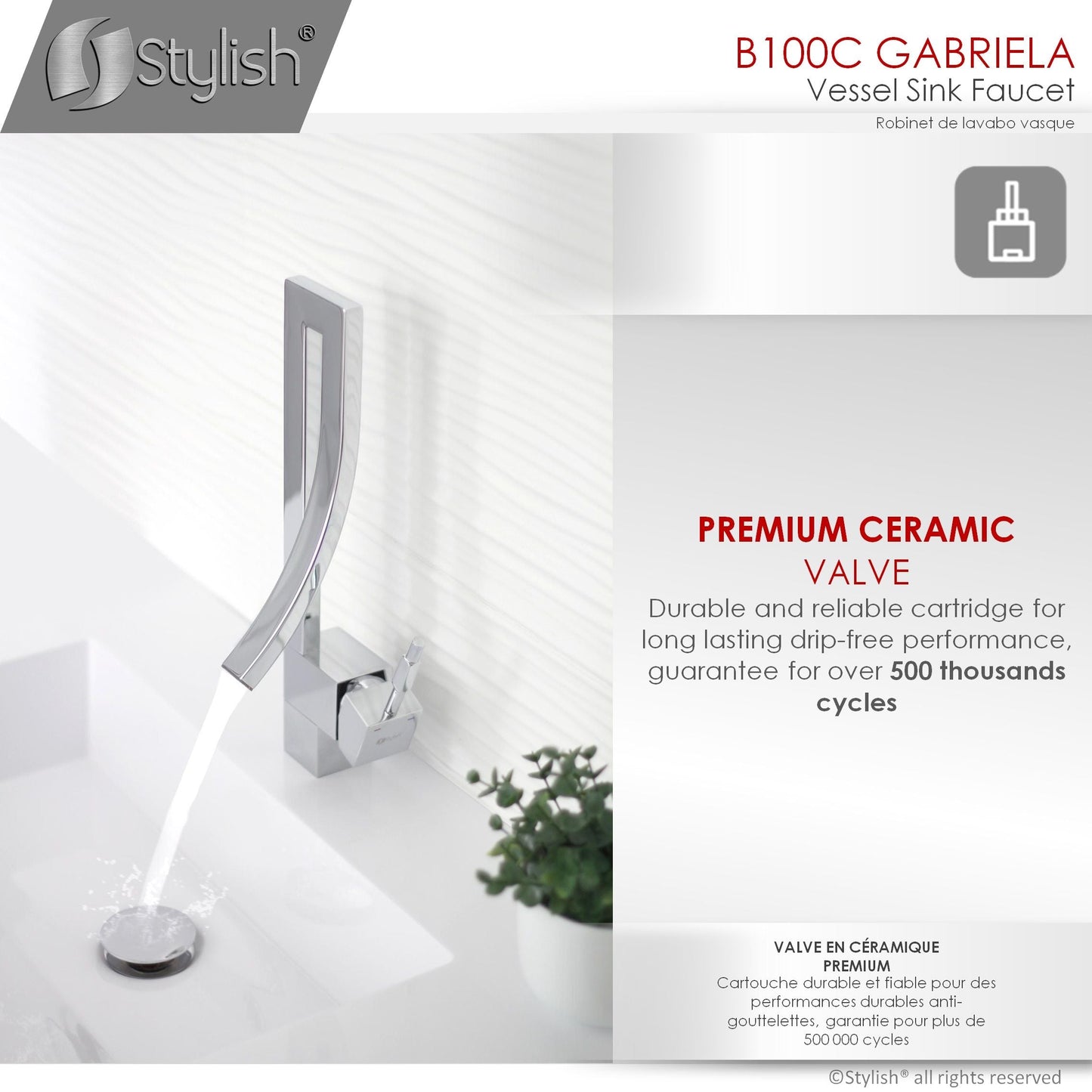 Stylish Gabriella Single Handle 14" Bathroom Faucet for Single Hole Brass Basin Mixer Tap, Polished Chrome Finish B-100C