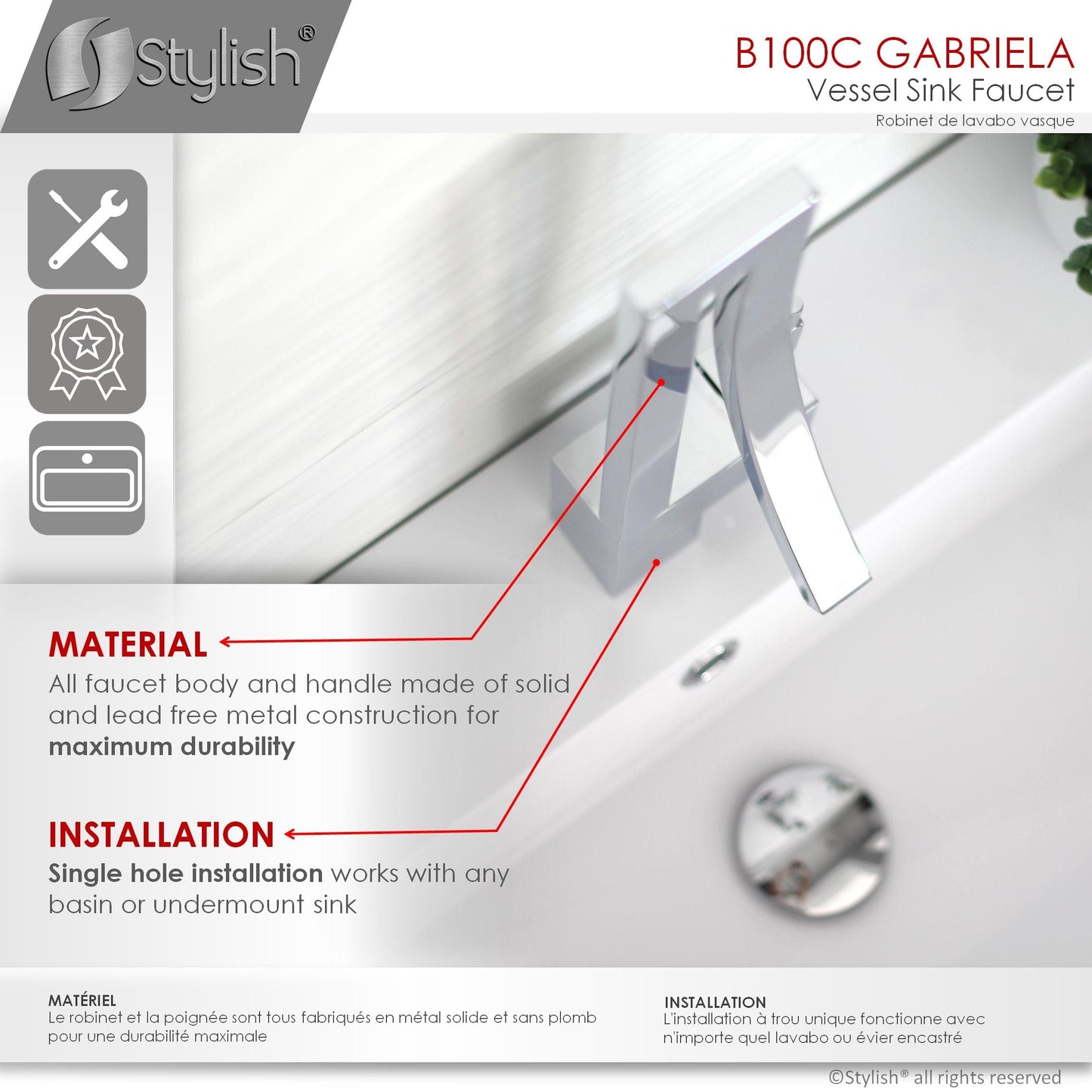 Stylish Gabriella Single Handle 14" Bathroom Faucet for Single Hole Brass Basin Mixer Tap, Polished Chrome Finish B-100C