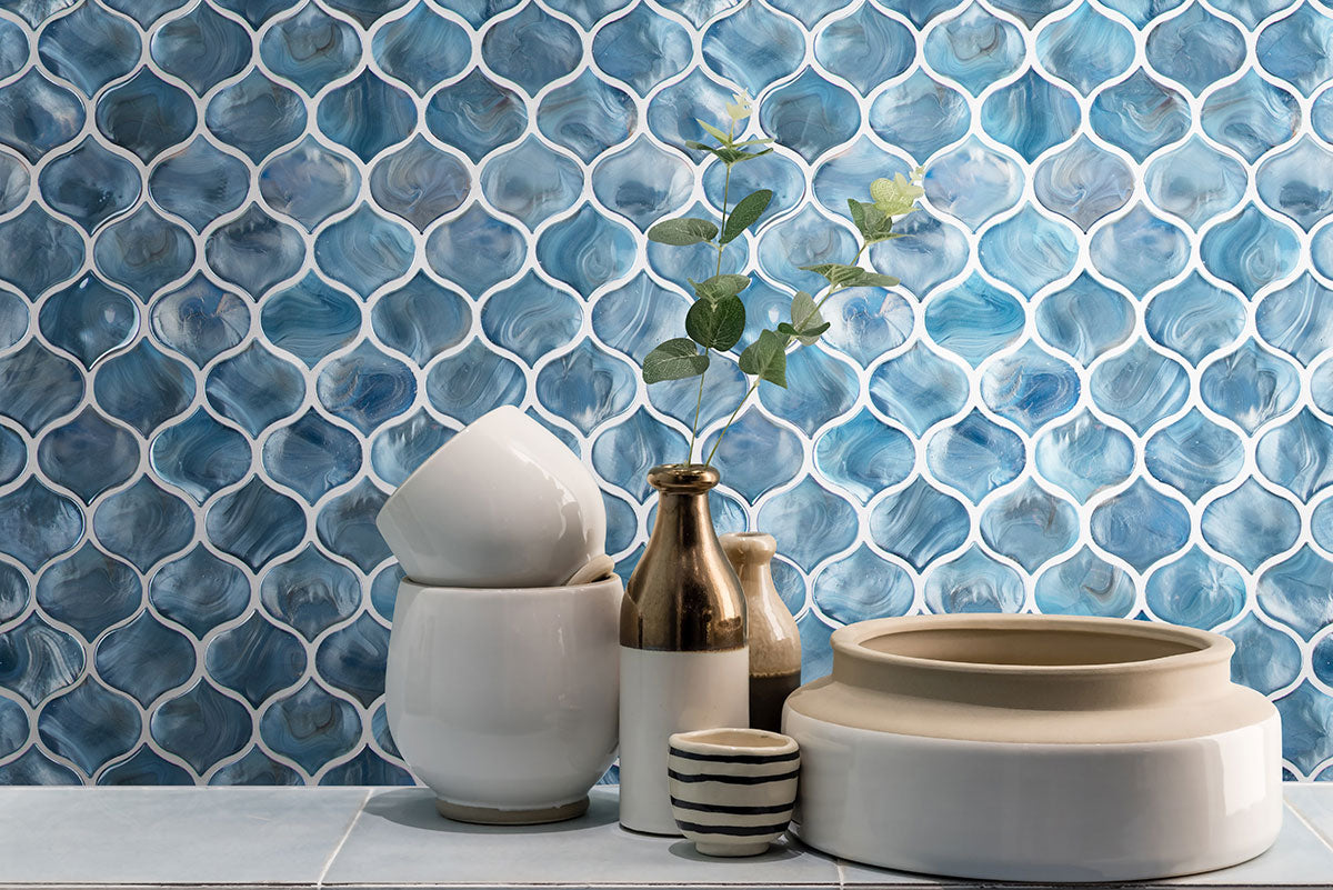MSI Backsplash and Wall Tile Blue Shimmer Arabesque Glossy Glass Tile 10" x 10" 8mm