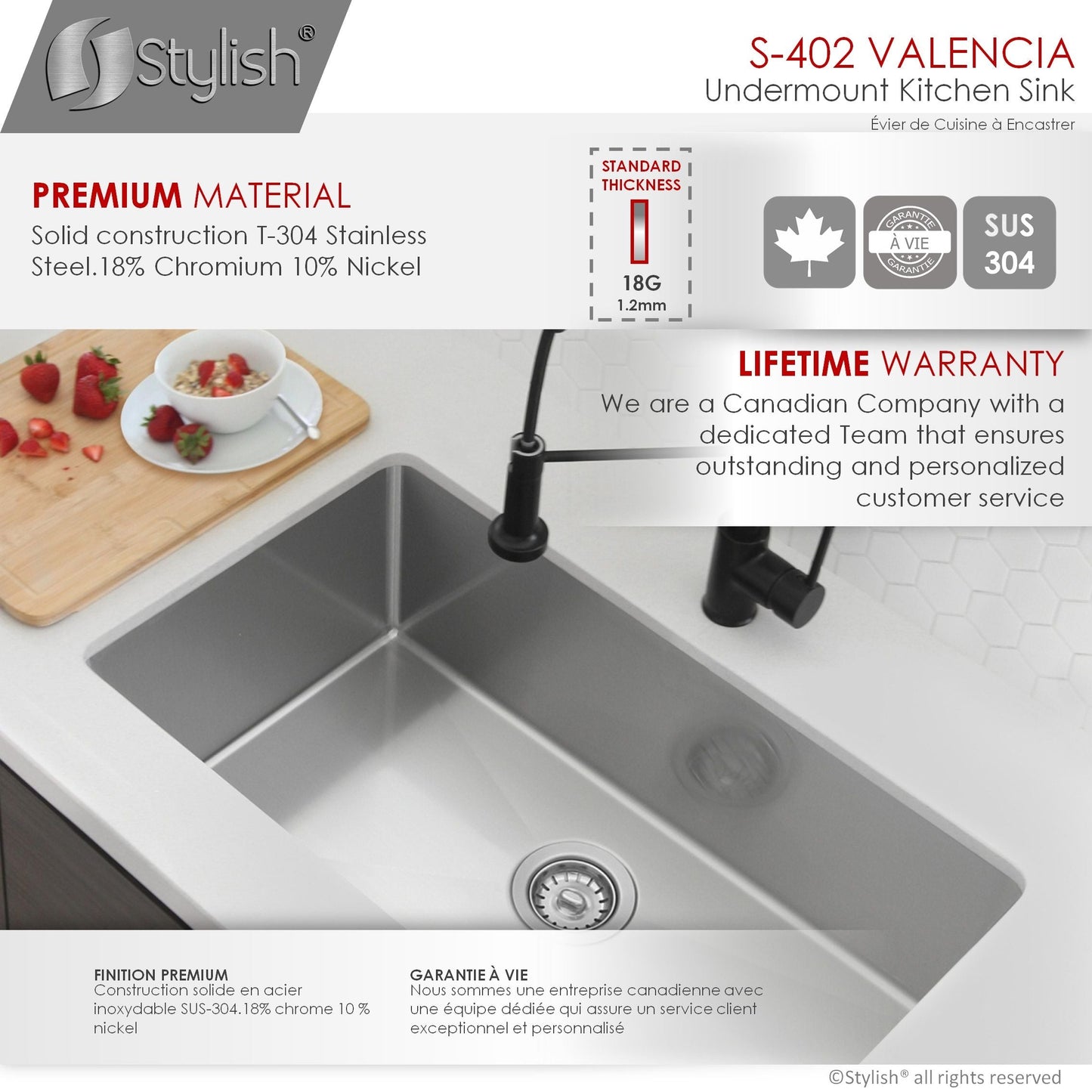 Stylish Valencia 31.13" x 18" Single Bowl Undermount Stainless Steel Kitchen Sink S-402