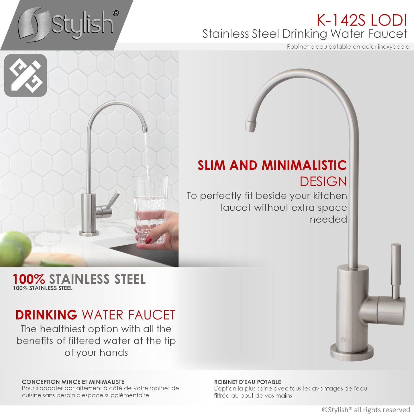 Stylish Lodi 11.25" Kitchen Drinking Water Tap Faucet, Stainless Steel Brushed Finish K-142S