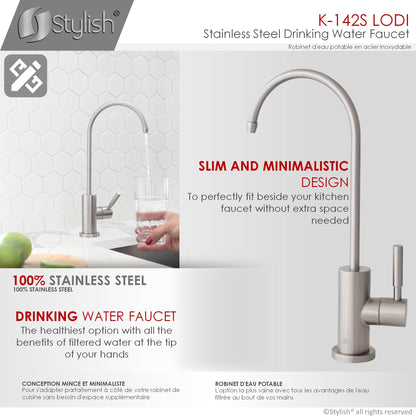 Stylish Lodi 11.25" Kitchen Drinking Water Tap Faucet, Stainless Steel Brushed Finish K-142S