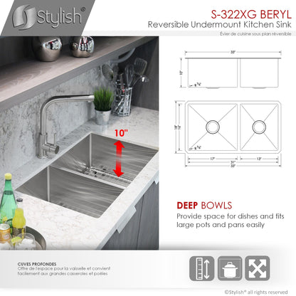 Stylish Beryl 33" x 18" Double Bowl 60/40 Reversible Undermount 16G Stainless Steel Kitchen Sink S-322XG