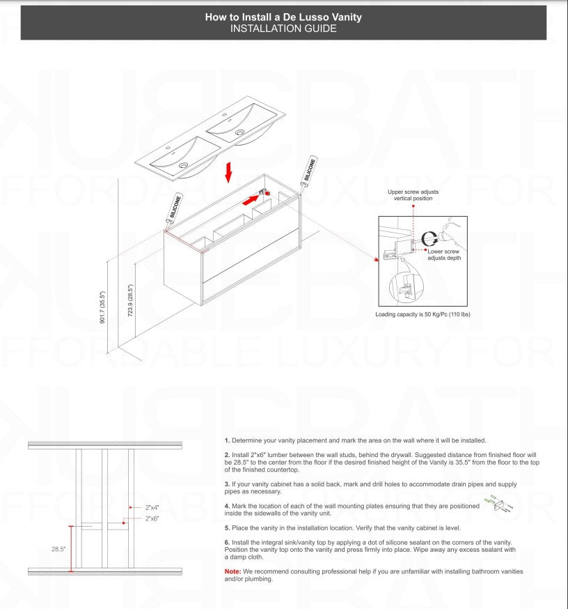 Kube Bath De Lusso 48" Wall Mount / Wall Hung Modern Single Sink Bathroom Vanity With 2 Drawers Acrylic Countertop