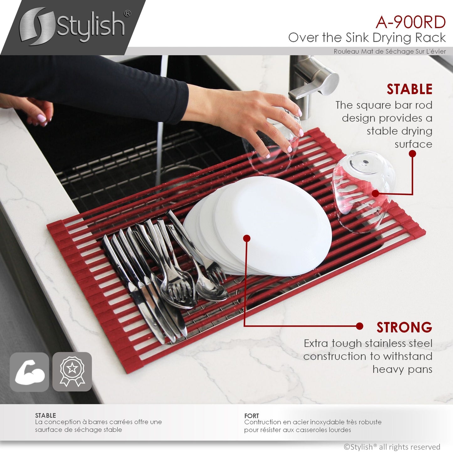 Stylish 20" Over the Sink Roll-up Drying Rack Red A-900RD