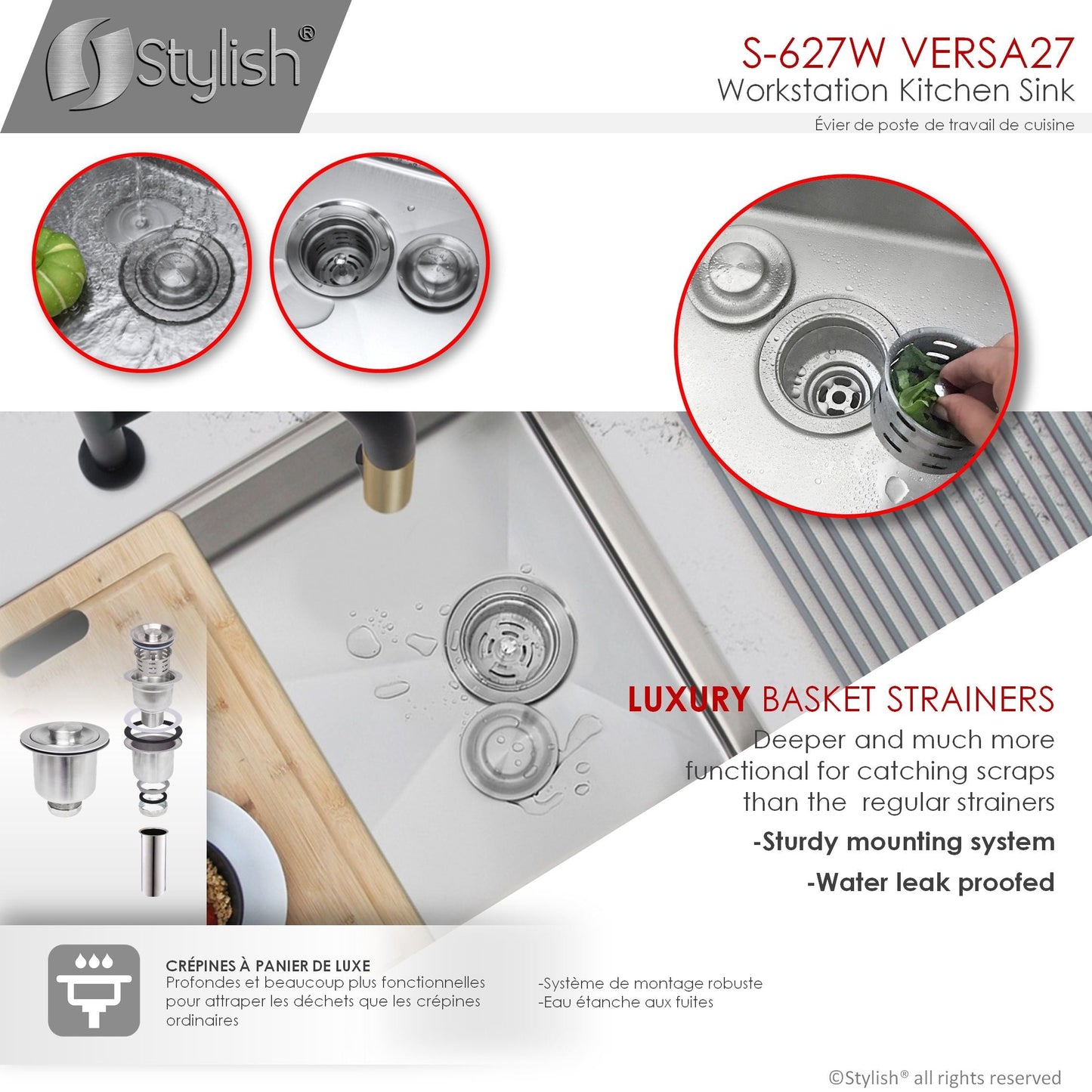 Stylish Versa27 27" x 19" Workstation Single Bowl Undermount 16 Gauge Stainless Steel Kitchen Sink with Built in Accessories S-627W
