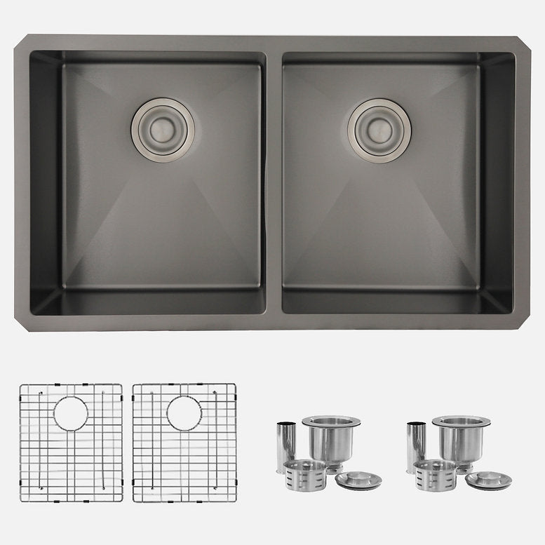 Stylish 32" x 18" Graphite Black Double Bowl Undermount Stainless Steel Kitchen Sink with Grids and Basket Strainers Opal