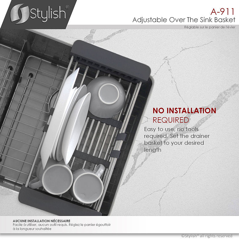Stylish Adjustable Over the Sink Stainless Steel Dish or Vegetable Drainer Basket