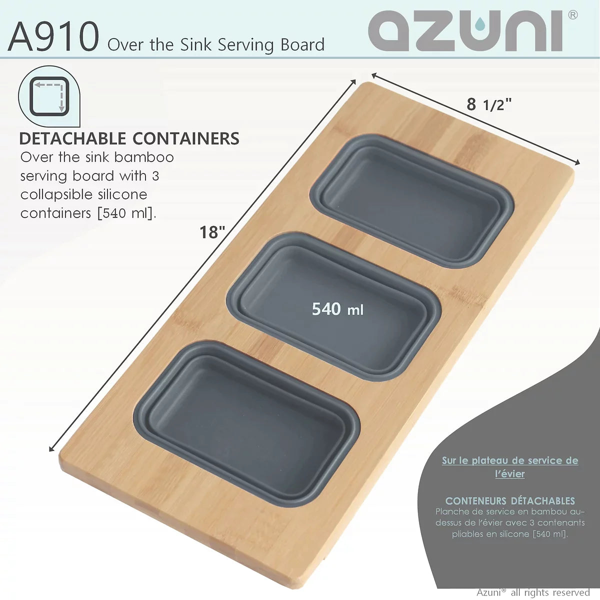 Stylish Azuni 18" Kitchen Sink Bamboo Serving Board Set With 3 Containers A910