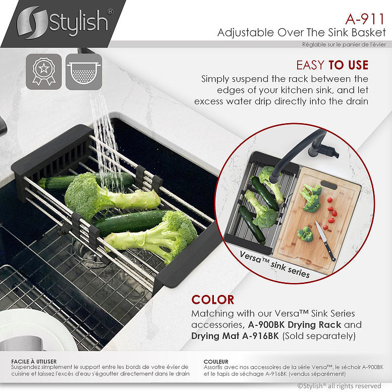 Stylish Adjustable Over the Sink Stainless Steel Dish or Vegetable Drainer Basket
