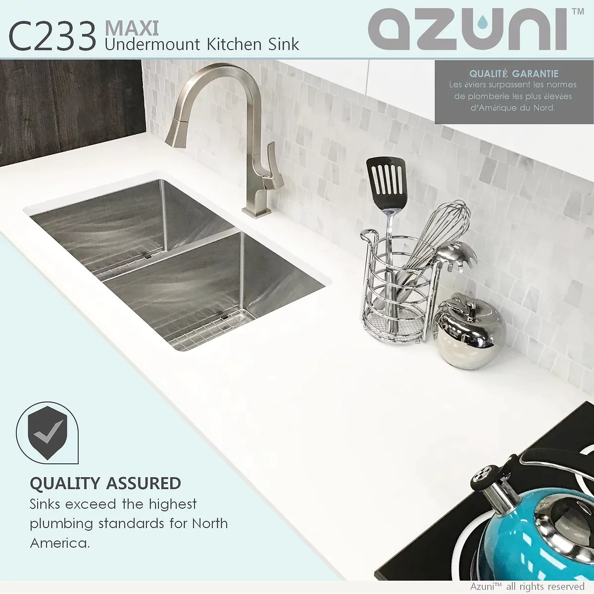 Stylish Azuni 32" x 18.5" Maxi Undermount Double Bowl Kitchen Sink Stainless Steel C233