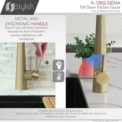 Stylish Kitchen Sink Faucet Single Handle Pull Down Dual Mode Stainless Steel Brushed Gold Finish K-135G