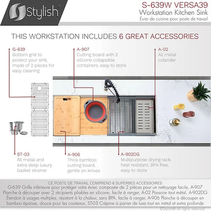 Stylish - 39 Inch Ledge Workstation Single Bowl Undermount 16 Gauge Stainless Steel Kitchen Sink With Built in Accessories (S-639w )