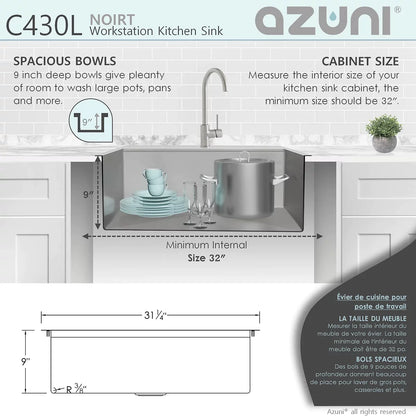 Stylish Azuni 31" x 20.5" Noirt Workstation Single Bowl Kitchen Sink Stainless Steel C430l