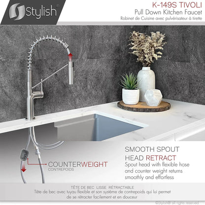 Stylish Tivoli Single Handle Pull Down Kitchen Faucet Brushed Finish K-149S