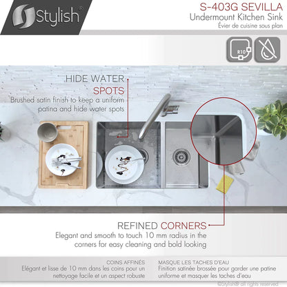 Stylish Sevilla 28" x 18" Undermount Double Bowl Kitchen Sink 18 Gauge Stainless Steel with Grids and Standard Strainers S-403G