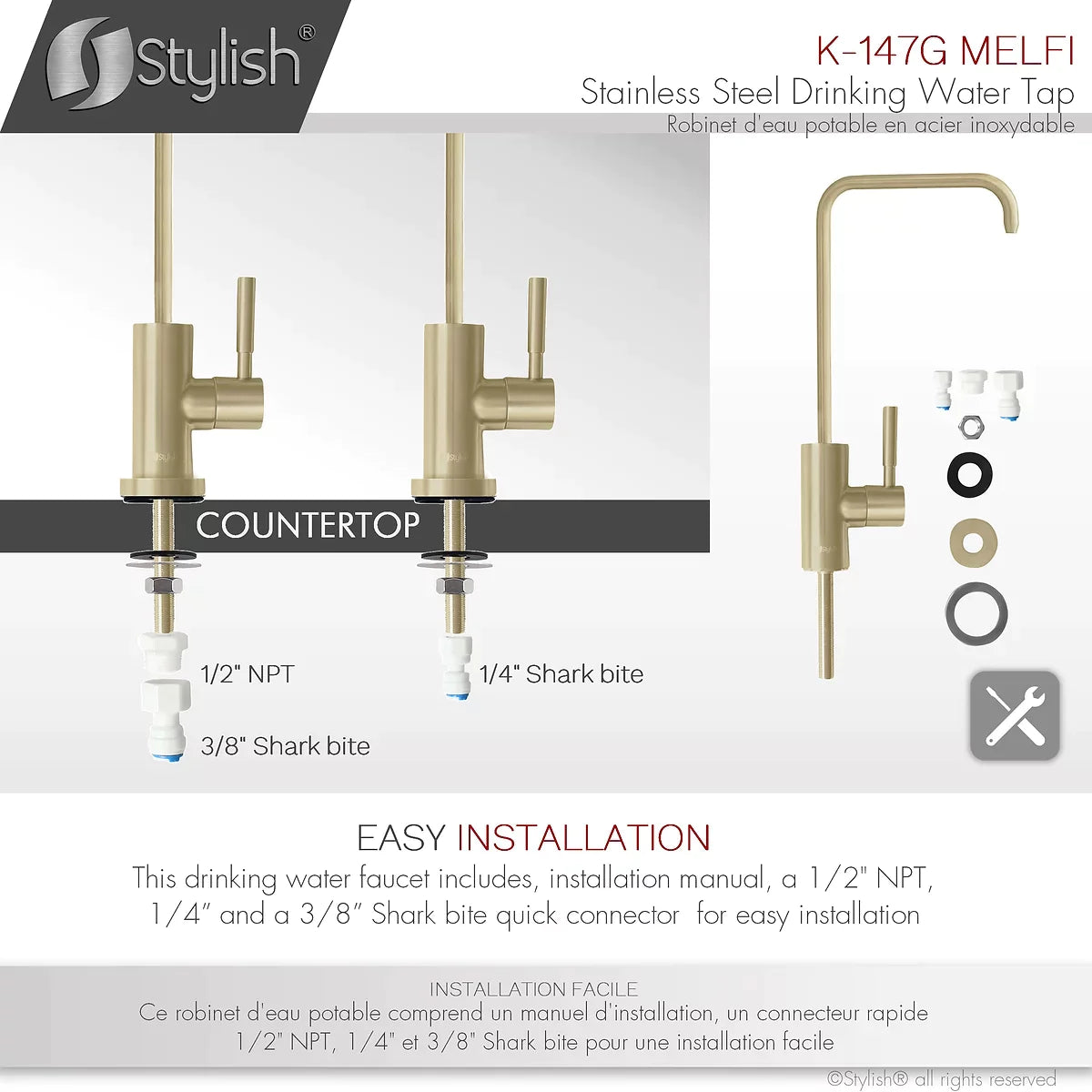 Stylish Melfi Single Handle Cold Water Tap Stainless Steel Brushed Gold Finish K-147G
