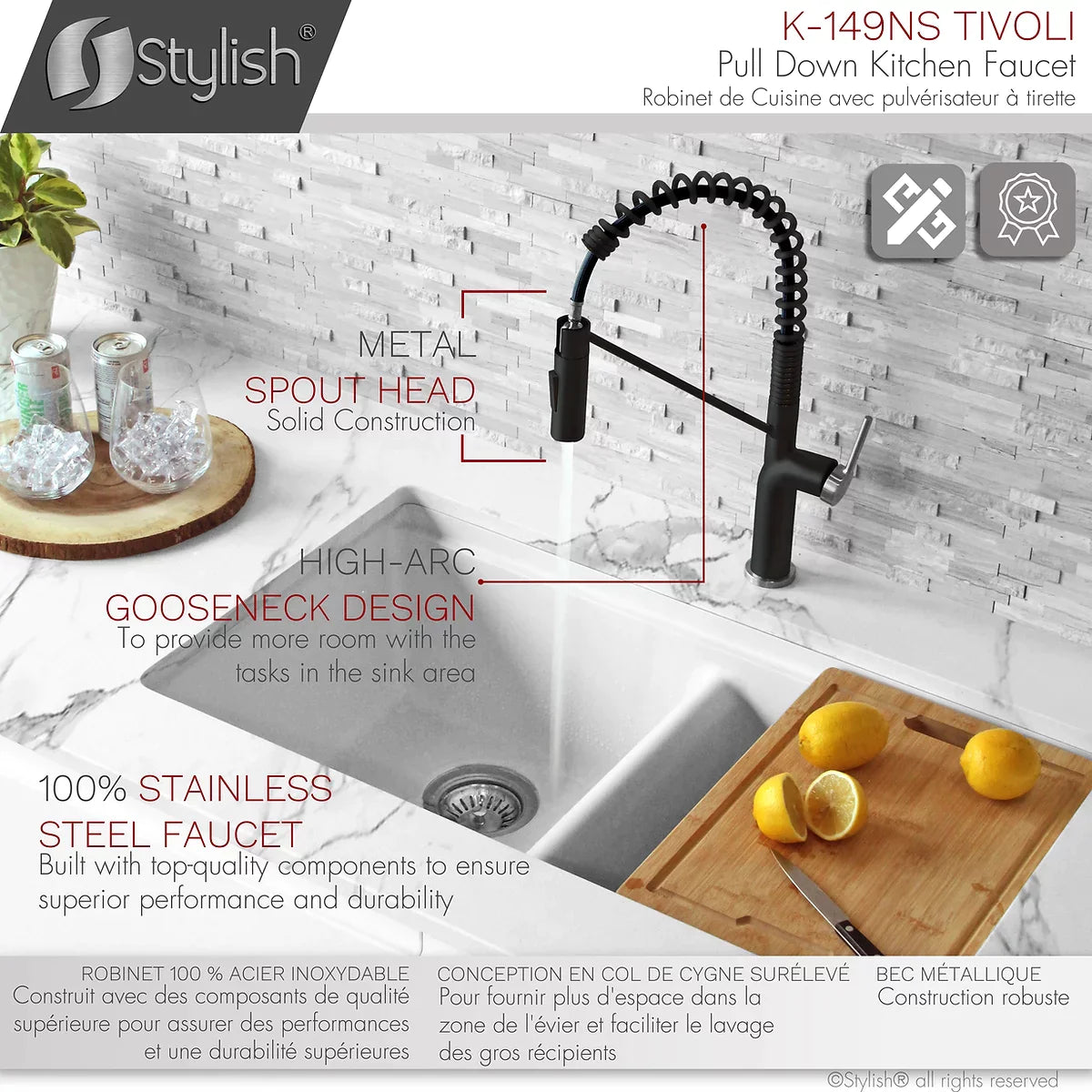 Stylish Tivoli Single Handle Pull Down Kitchen Faucet - Matte Black/Brushed Finish K-149NS