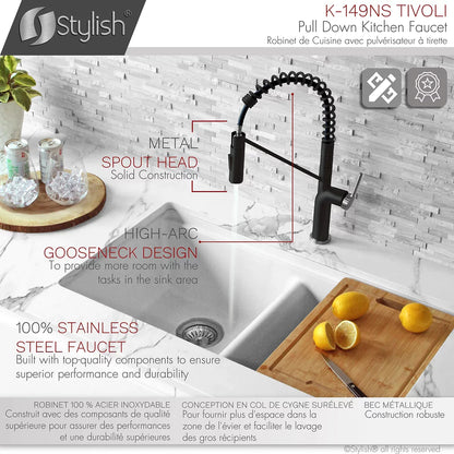 Stylish Tivoli Single Handle Pull Down Kitchen Faucet - Matte Black/Brushed Finish K-149NS