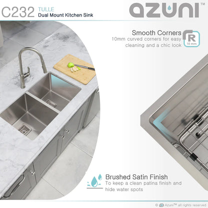 Stylish Azuni 32" x 18" Tulle Square Strainer 16 Gauge Undermount or Drop-in 50/50 Double Bowl Stainless Steel Kitchen Sink C232