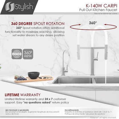 Stylish - Stainless Steel Single Handle Pull Out Dual Mode Kitchen Sink Faucet With White Spout Hose (K-140h)
