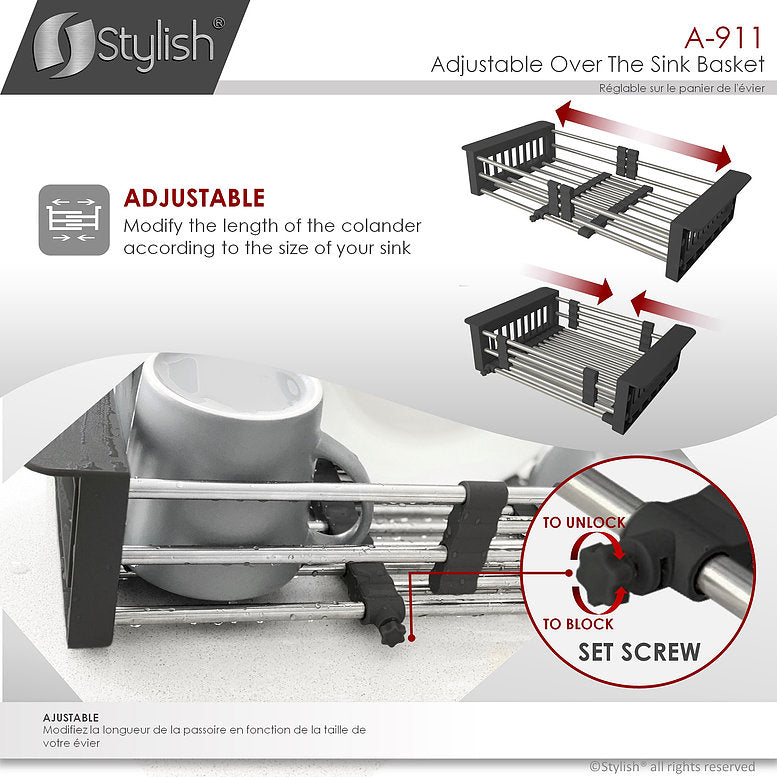 Stylish Adjustable Over the Sink Stainless Steel Dish or Vegetable Drainer Basket