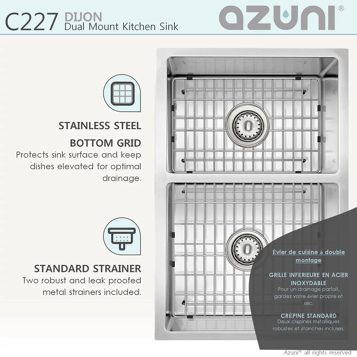 Stylish Azuni 27" x 18" Dijon Dual mount Double Bowl Kitchen Sink Stainless Steel C227