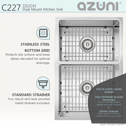 Stylish Azuni 27" x 18" Dijon Dual mount Double Bowl Kitchen Sink Stainless Steel C227