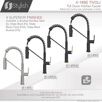Stylish Tivoli Single Handle Pull Down Kitchen Faucet Brushed Finish K-149S