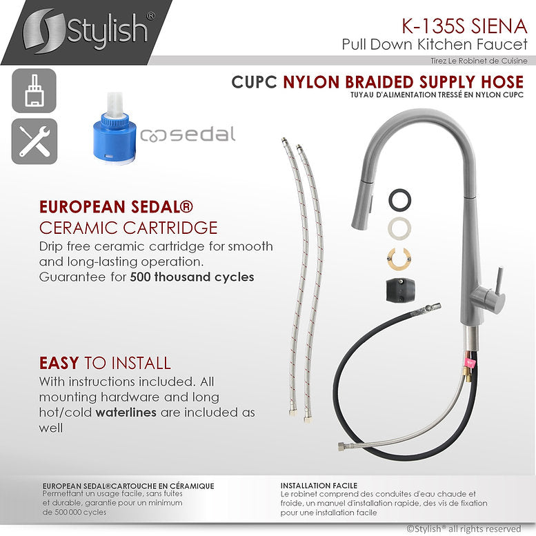 Stylish Siena Kitchen Faucet Single Handle Pull Down Dual Mode Stainless Steel Brushed Finish K-135S