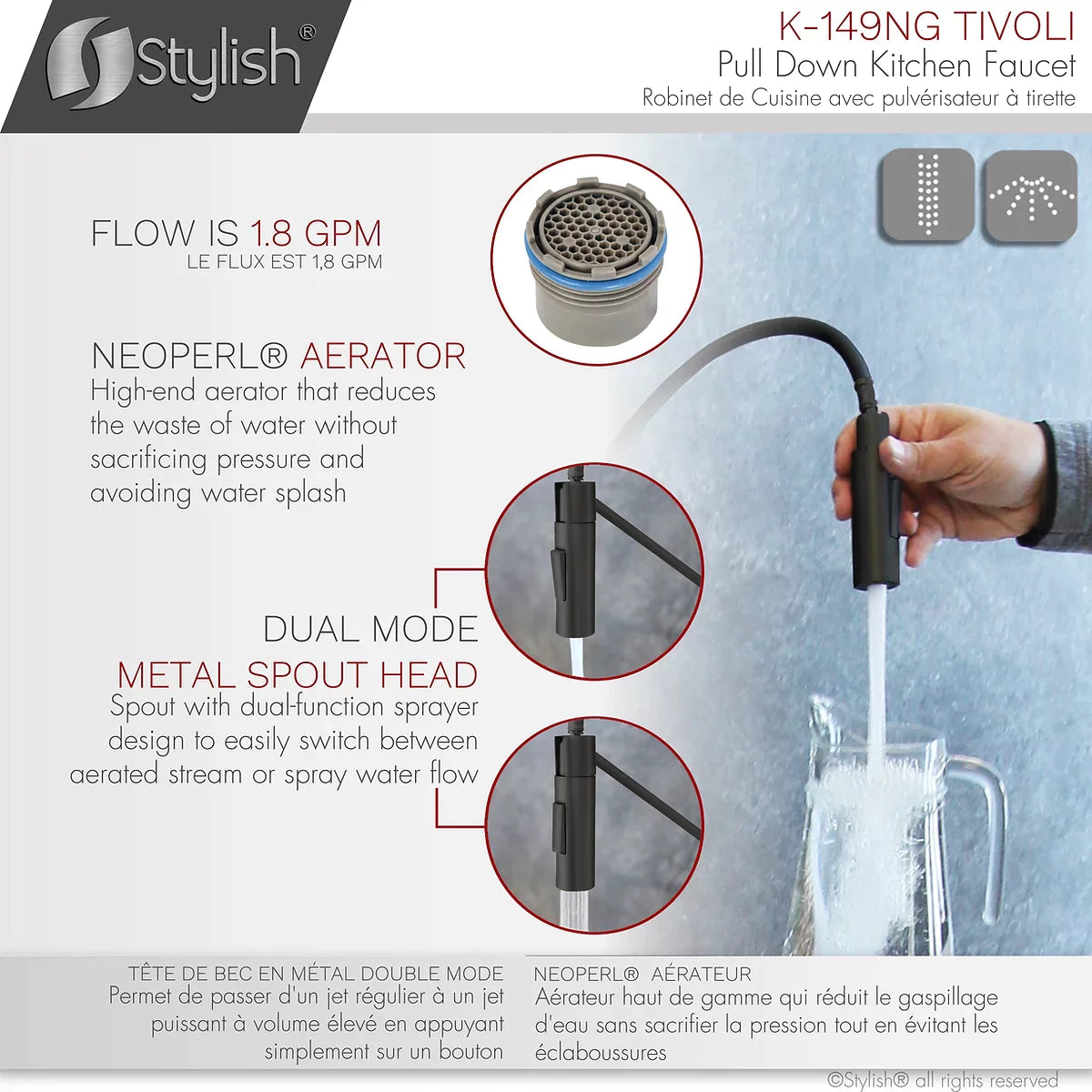 Stylish Tivoli Single Handle Pull Down Kitchen Faucet - Matte Black/Brushed Gold K-149NG