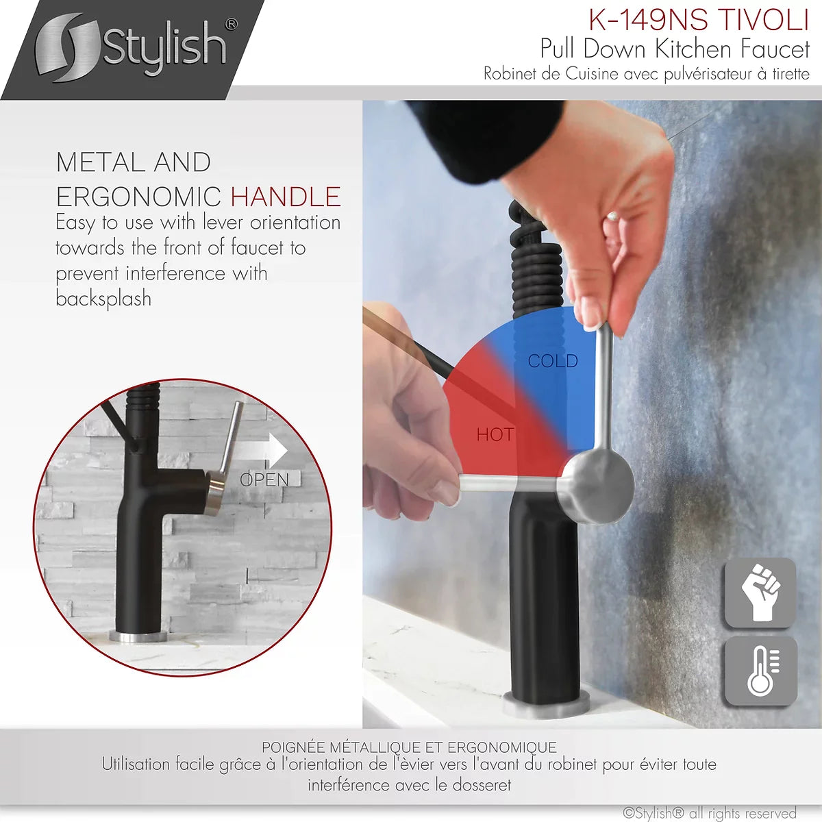 Stylish Tivoli Single Handle Pull Down Kitchen Faucet - Matte Black/Brushed Finish K-149NS