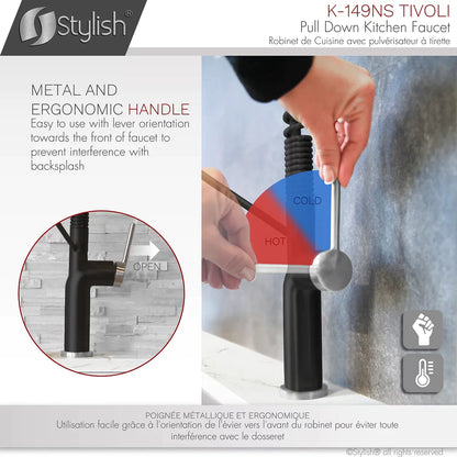 Stylish Tivoli Single Handle Pull Down Kitchen Faucet - Matte Black/Brushed Finish K-149NS