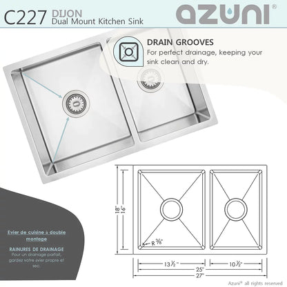 Stylish Azuni 27" x 18" Dijon Dual mount Double Bowl Kitchen Sink Stainless Steel C227